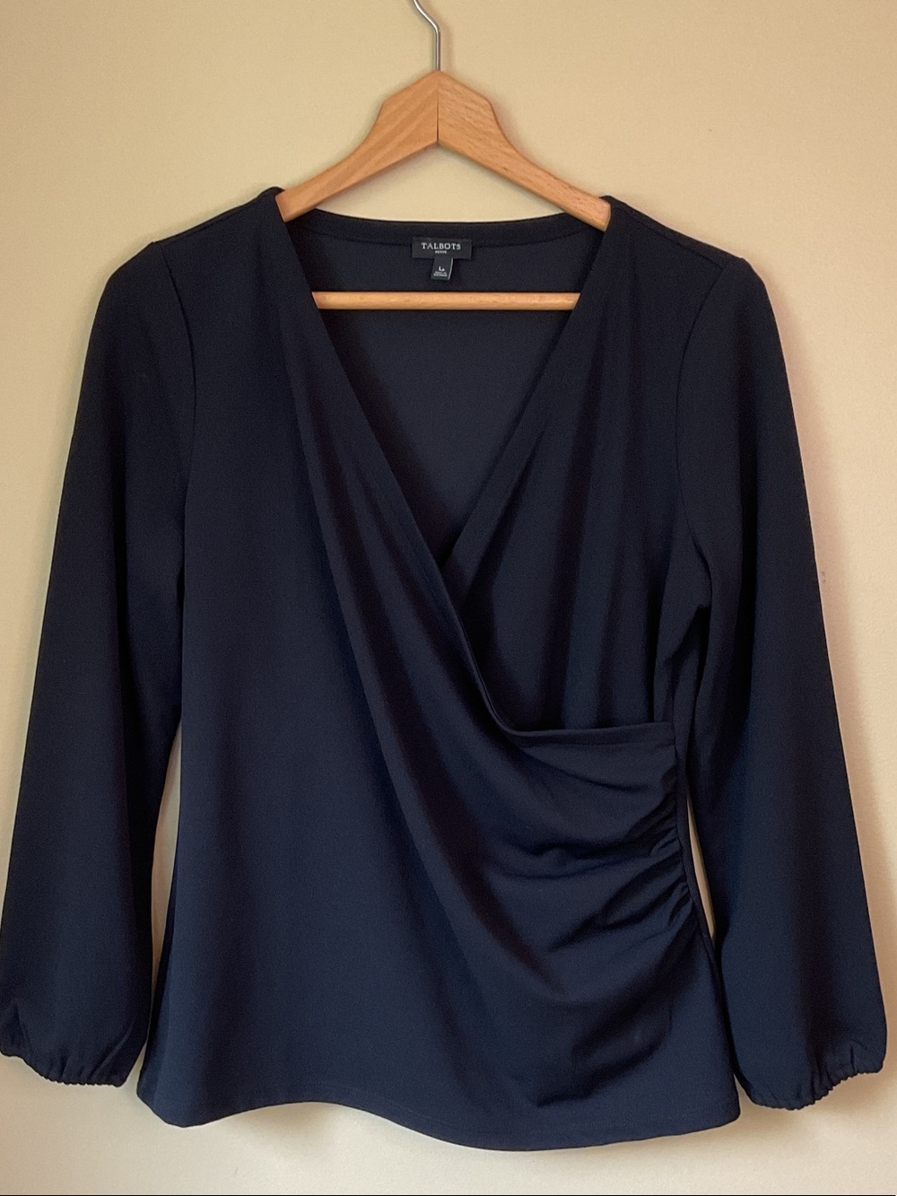 Talbots Black Faux-Wrap Long Sleeve Blouse with Side Drape Size LP
